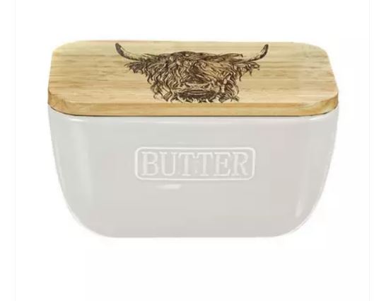 Just Slate Highland Cow Oak and Ceramic Butter Dish