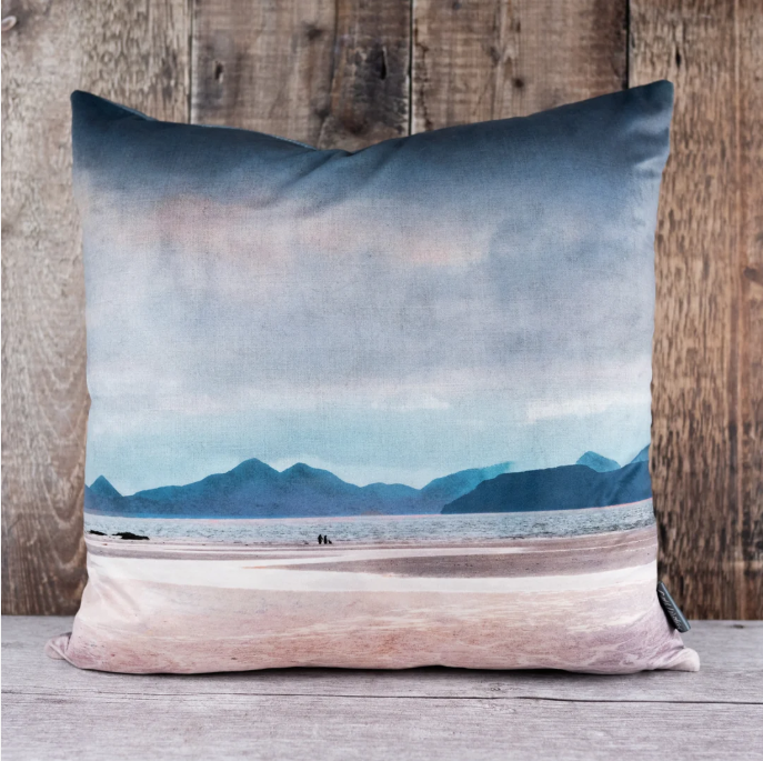 Cath Waters - "A Walk On The Beach" Skye From Applecross Velvet Cushion
