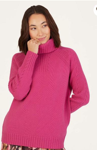 NOW 25% OFF Thought Hailie Lambswool Funnel Neck Jumper-Magenta Pink