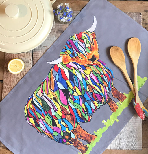 Chloe Gardner Bright Highland Cow Tea Towel Grey