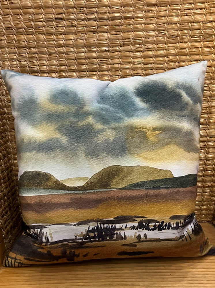 Jane Glue ‘ Winter Sunset over Hoy Hills ' Velvet Cushion