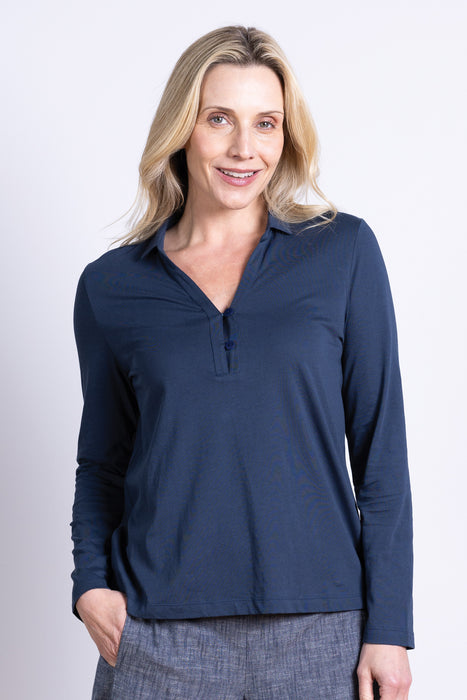 NEW 25% OFF Nomads GOTS Organic Cotton Jersey Collared Top in Oxford Blue