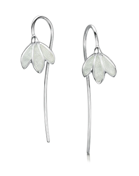 Sheila Fleet Snowdrop Sterling Silver Stem Earrings in Crystal Enamel (EP226)