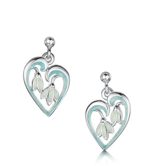 Sheila Fleet Snowdrop Sterling Silver Heart Drop Earrings in Leaf Enamel (EEX232)