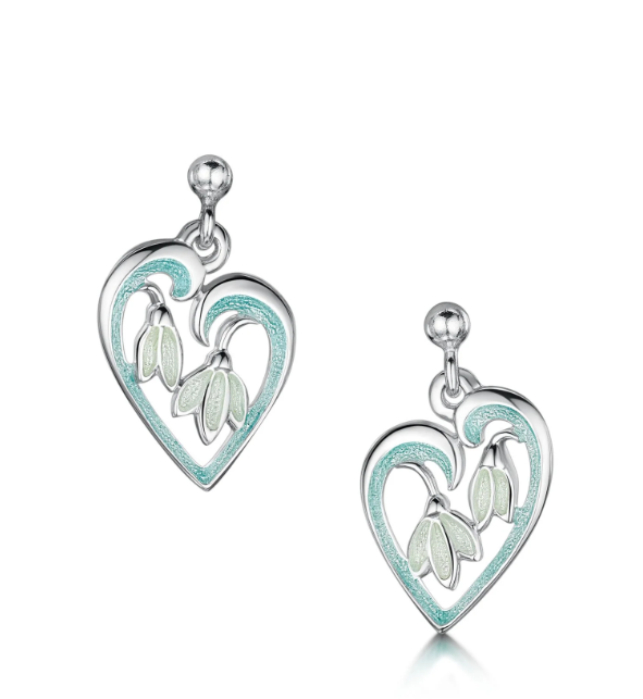 Sheila Fleet Snowdrop Sterling Silver Heart Drop Earrings in Leaf Enamel (EEX232)