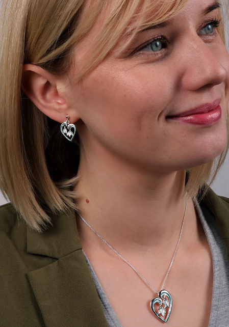 Sheila Fleet Snowdrop Sterling Silver Heart Drop Earrings in Leaf Enamel (EEX232)