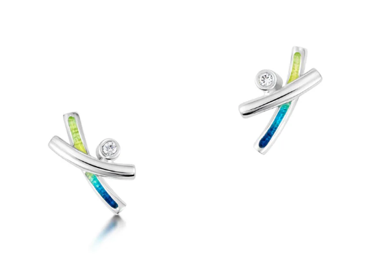 Sheila Fleet Wild Grasses Small 2-strand CZ Stud Earrings in Meadow Enamel (ESE0187)