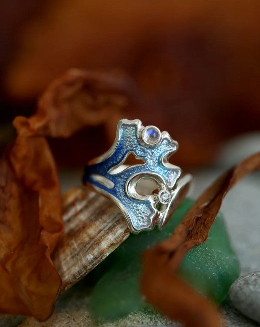 Sheila Fleet Sea Moss Moonstone & Cubic Zirconia Ring In Sea Blue (ESRX306)