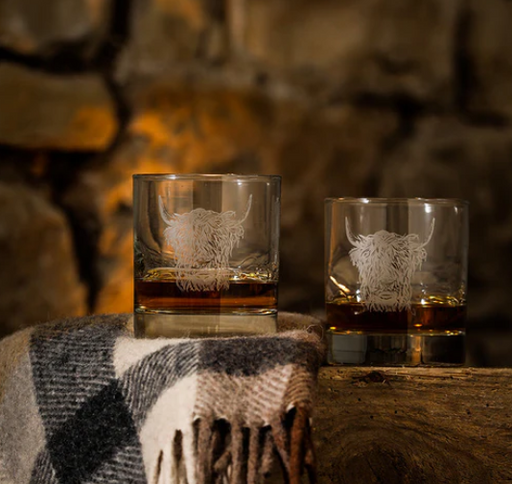 NEW Selbrae Highland Cow Engraved Glass Tumbler Set of 2