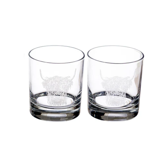 NEW Selbrae Highland Cow Engraved Glass Tumbler Set of 2