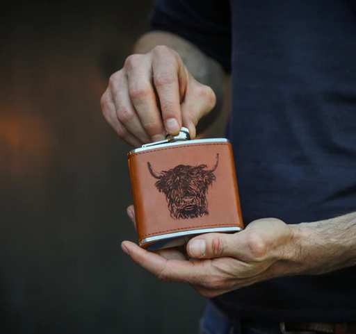 NEW Selbrae Leather Hip Flask - Highland Cow