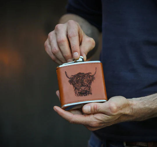 NEW Selbrae Leather Hip Flask - Highland Cow