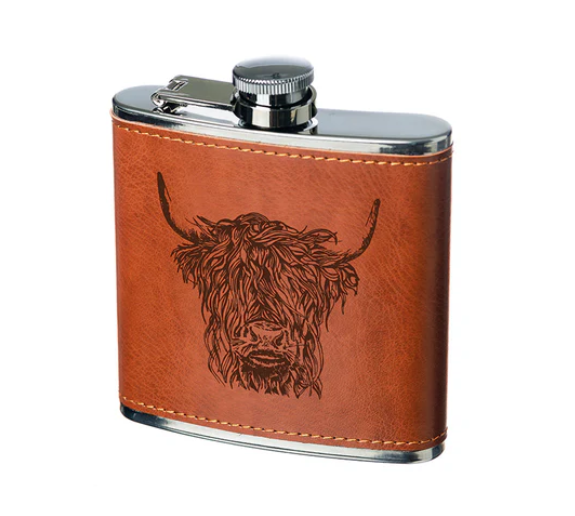 NEW Selbrae Leather Hip Flask - Highland Cow