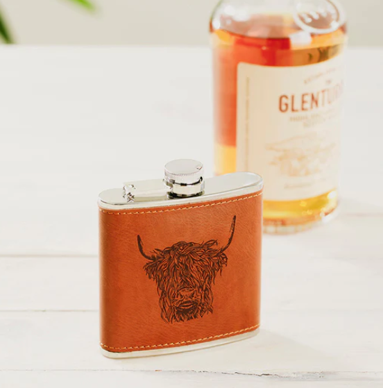 NEW Selbrae Leather Hip Flask - Highland Cow