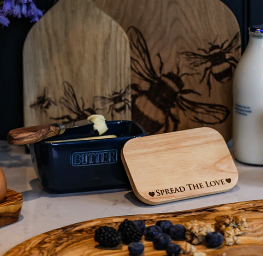 NEW Selbrae House Oak and Ceramic Butter Dish - Blue 'Spread the Love'