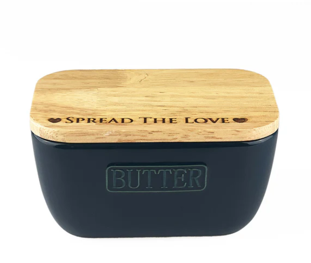 NEW Selbrae House Oak and Ceramic Butter Dish - Blue 'Spread the Love'