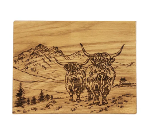 NEW Selbrae House 'Scenic Highland Cow' Oak Bar Board