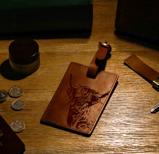 NEW Selbrae Leather Luggage Tag - 'Highland Cow'