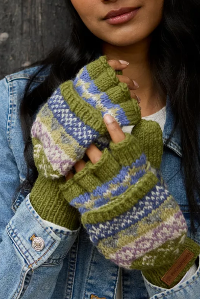 Pachamama - Classic Fair Isle Wool Knit Fingerless Gloves Mitts