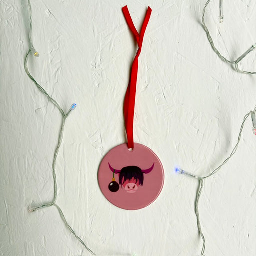 Elsa Tait - Ceramic Festive Highland Cow Hanging Decoration
