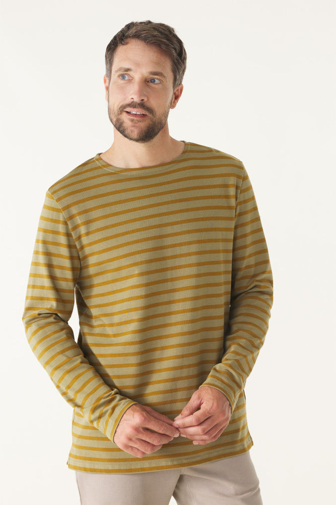 NEW Mousqueton Mario Breton stripe shirt moss-green and bronze brown (Mousse-Bronze)