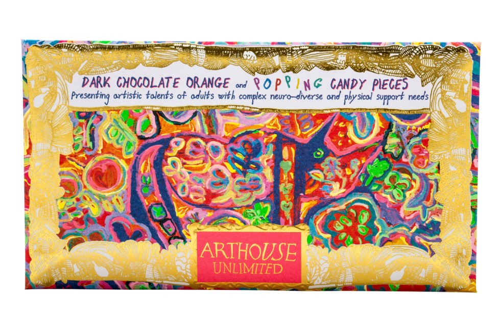 Arthouse Unlimited - Rhino in Bloom, Dark Chocolate Bar with Orange & Popping Candy Pieces