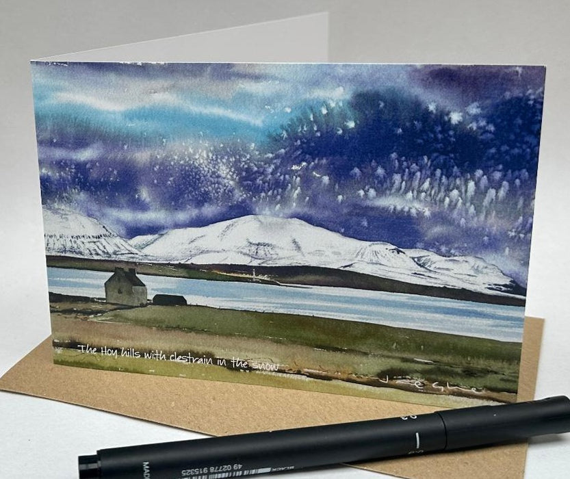 Jane Glue 'The Hoy Hills with Clestrain in the snow' Christmas Card