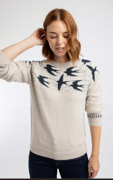 NEW Weird Fish Swallows Intarsia Fair Isle Jumper - Ecru