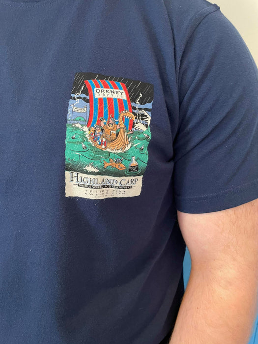 Weird Fish Orkney Highland Carp Whisky T-Shirt in Maritime Blue
