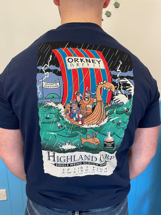 Weird Fish Orkney Highland Carp Whisky T-Shirt in Maritime Blue