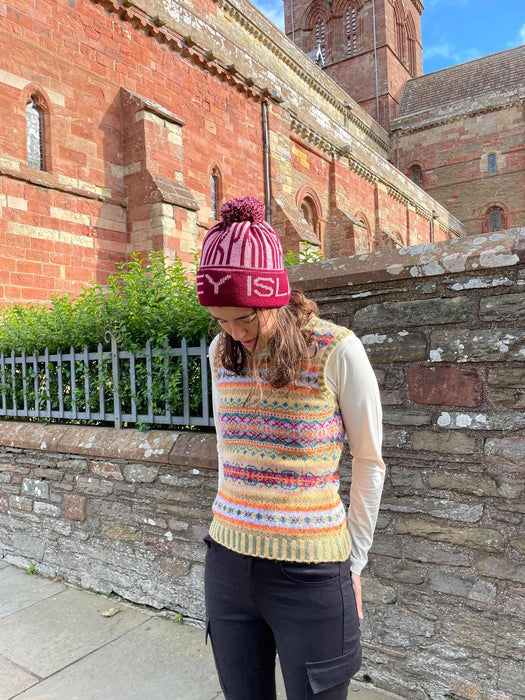 Wonky Woolies Orkney Runic Hat in Burgundy/Rose