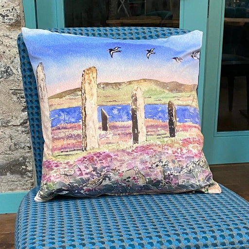 Jane Glue 'Oystercatchers and Curlews at The Ring of Brodgar' Velvet Cushion