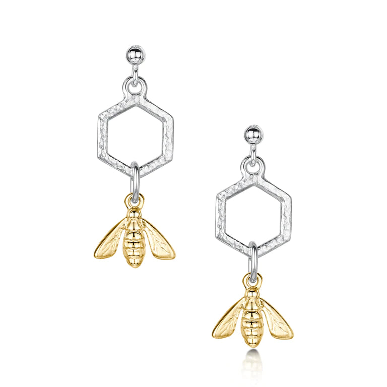 Sheila Fleet Honeycomb & Bee Petite Drop Earrings in Silver & Gold (E000278)