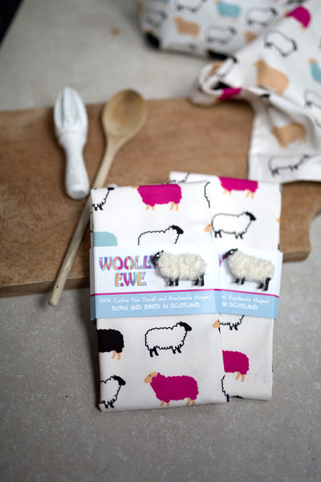 Hairy Coo & Co. - 'Woolly Ewe' Cotton Tea Towel (with Sheep Magnet)