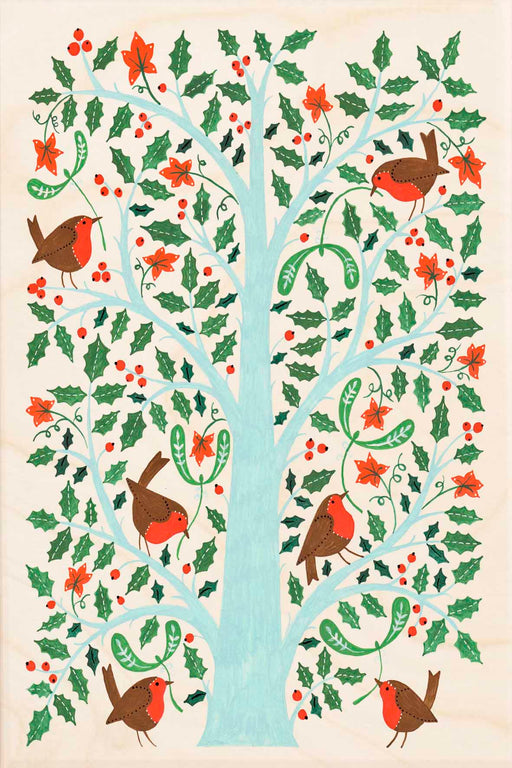 Robin Christmas Tree Wooden Postcard