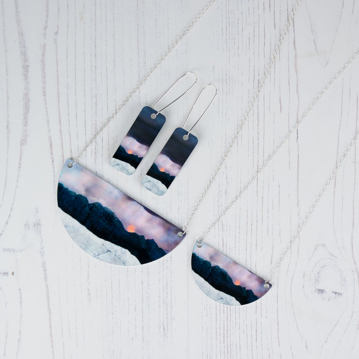 Cath Waters Strawberry Moonrise over the Cuillins Skye Aluminium and Silver Small Necklace