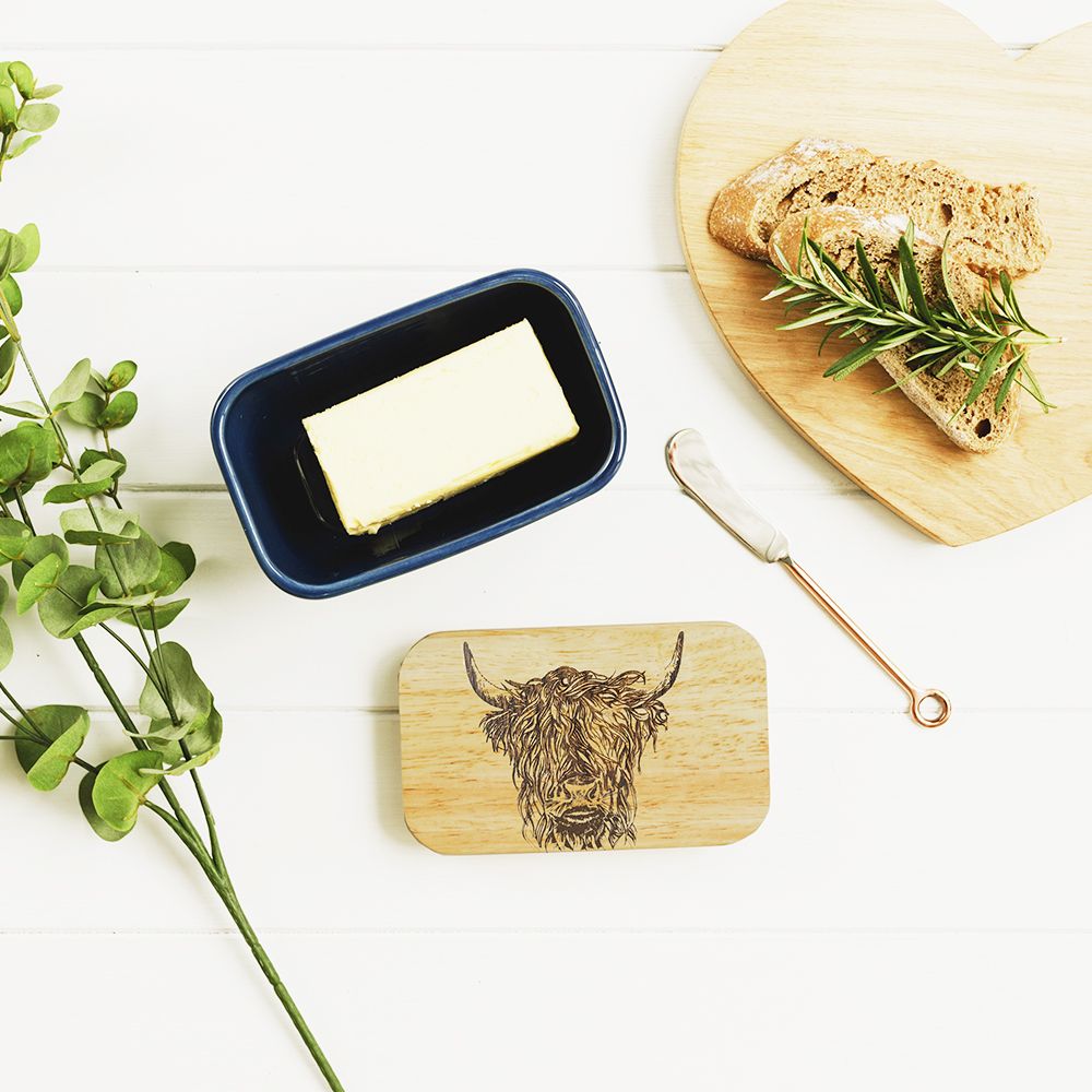 Just Slate Highland Cow Oak and Ceramic Butter Dish