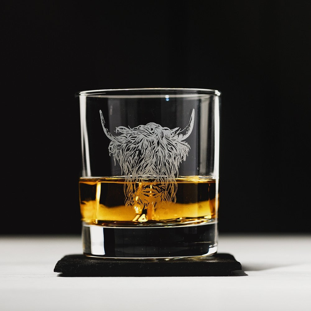 Just Slate Highland Cow Engraved Glass Tumbler with Slate Coaster