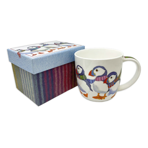 Emma Ball Woolly Puffins in Scarves Bone China Mug in Gift Box